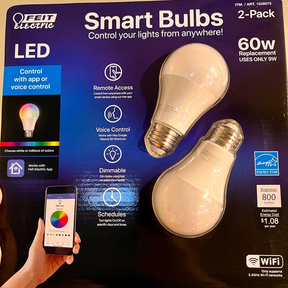 FEIT Electric 2 Pack Color WIFI Smart LED Light Bulbs 60W